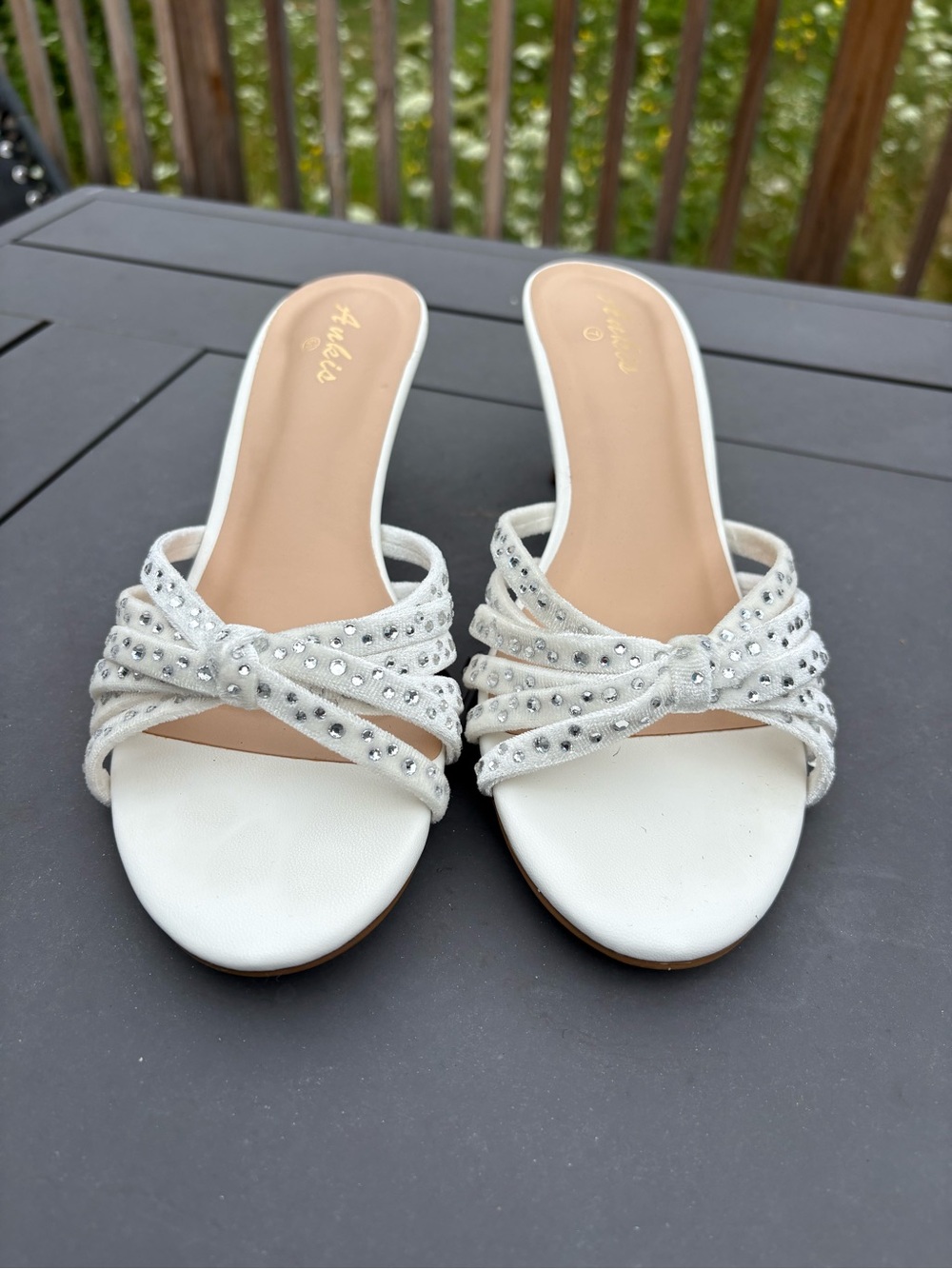 Embellished White Slide Heels with Knotted Straps